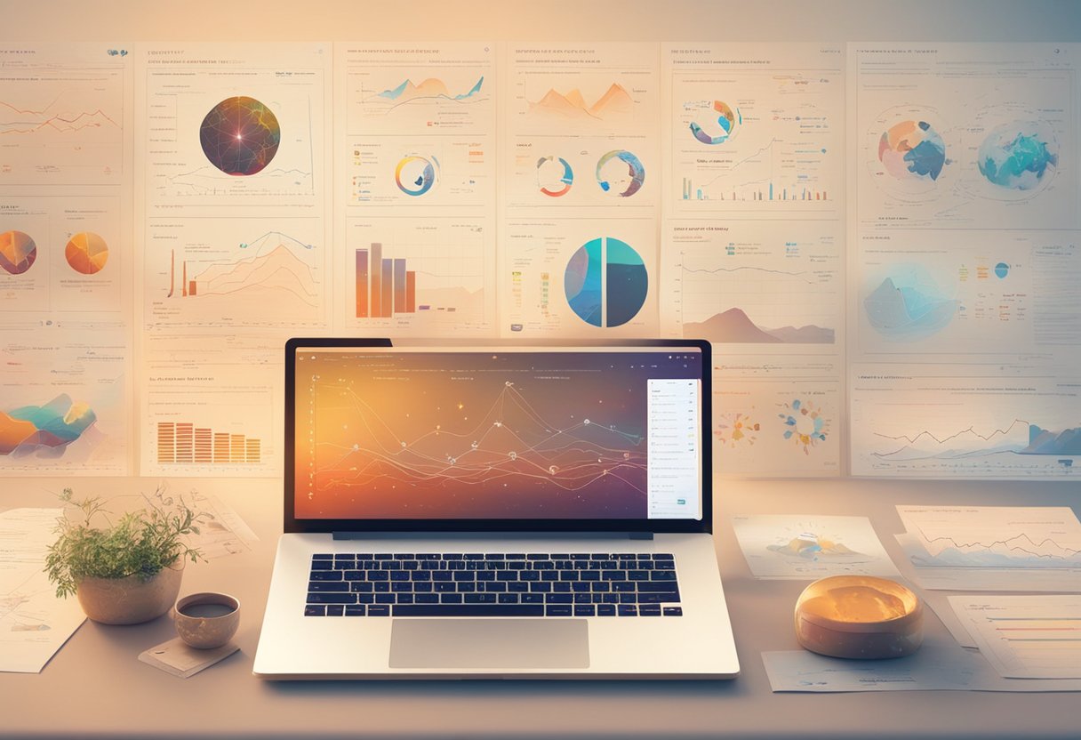 Various AI tools displayed on a computer screen with charts and graphs comparing their performance in generating short stories