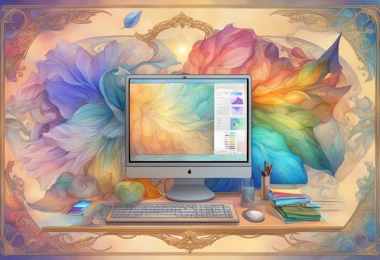 A computer screen displaying an AI program generating designs for shorts, surrounded by colorful fabric swatches and a pencil sketch of the final product