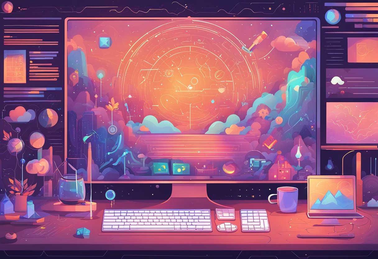 AI tools creating shorts: Computer screen with AI software interface, various icons and tools, lines of code, digital progress bar, and animated shorts being generated