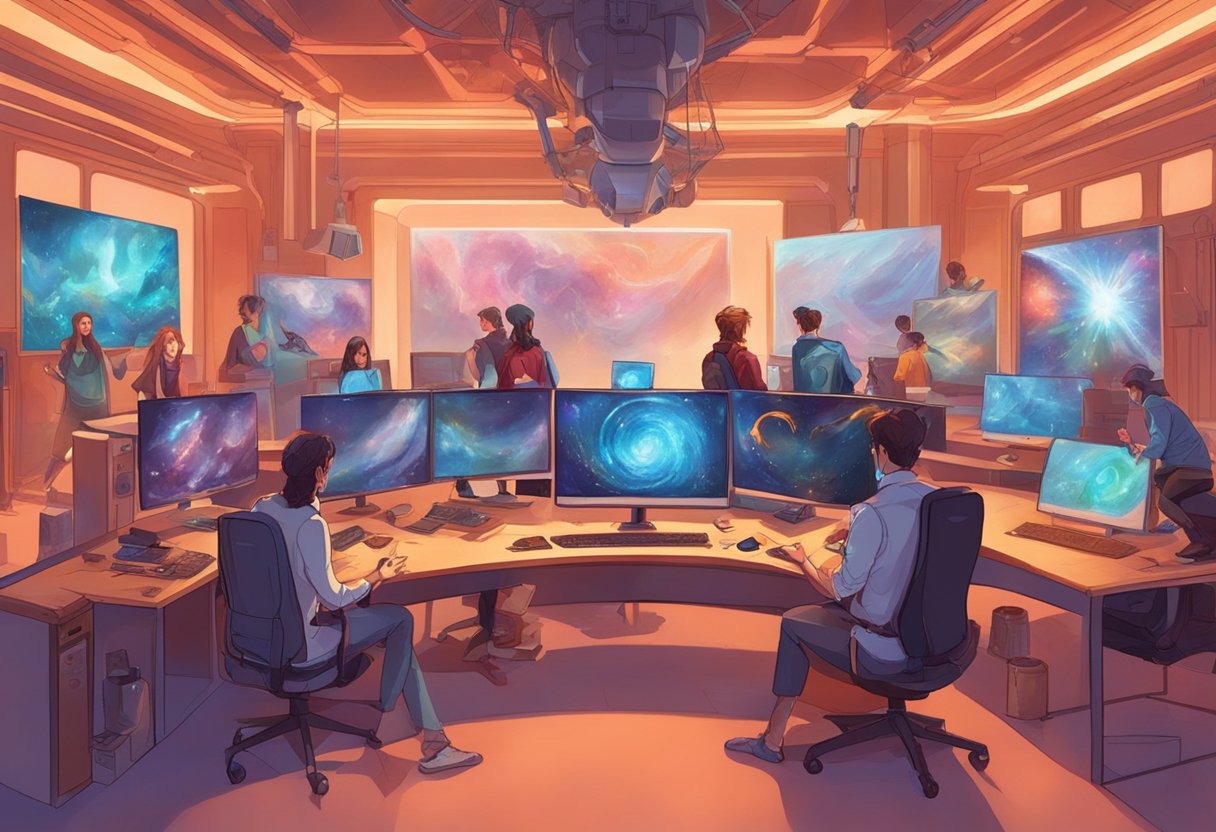 A group of AI shorts creators are gathered in a studio, surrounded by advanced technology and computer screens, collaborating on innovative designs