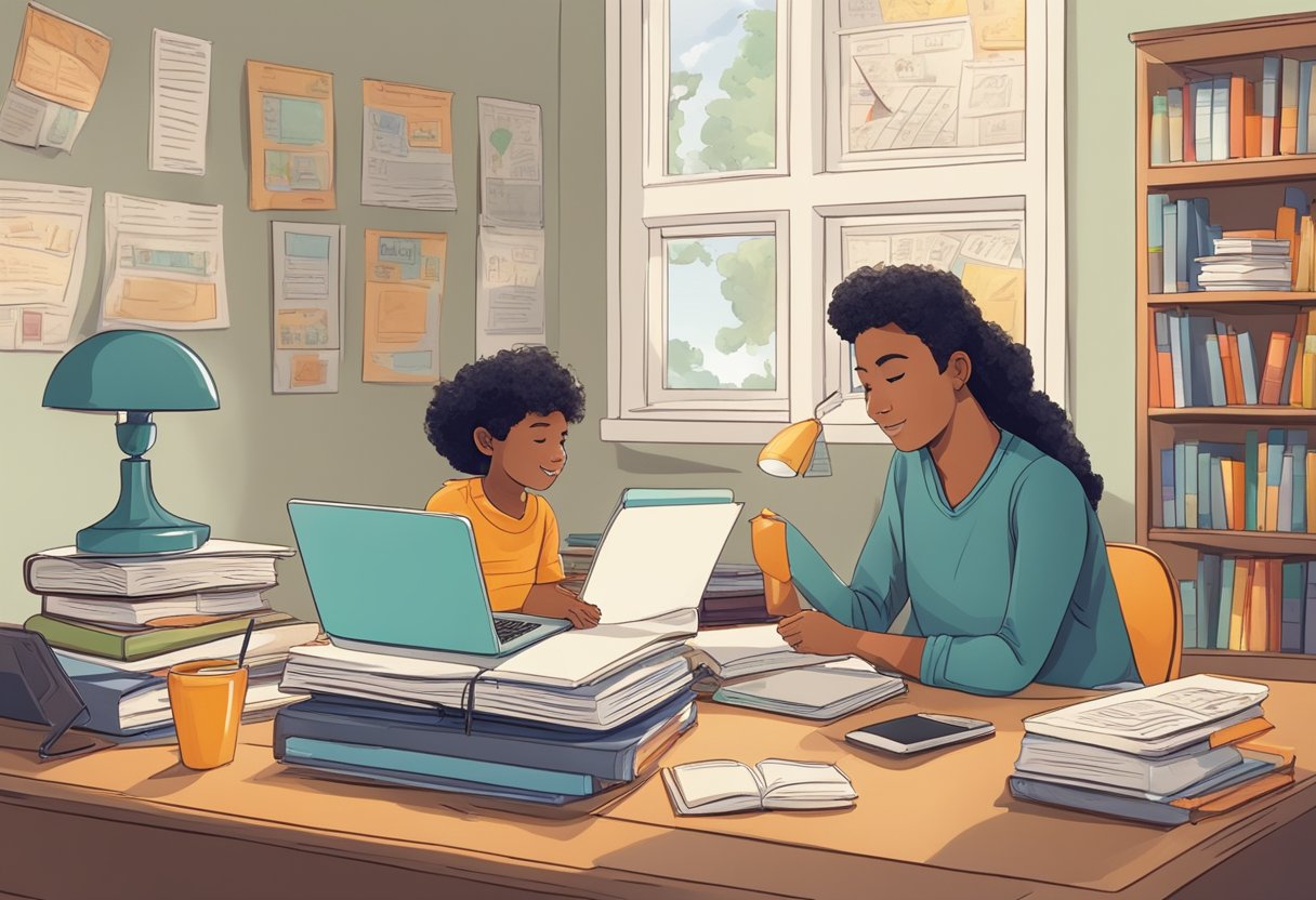 A cluttered desk with books, a laptop, and a calendar. A parent and child engaging in conversation. A college pennant on the wall