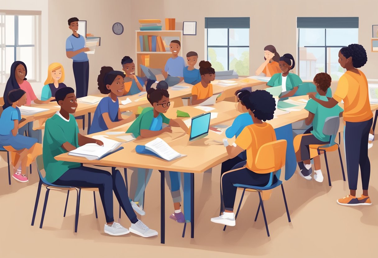 A group of diverse students engage in various activities, including academics, sports, arts, and community service, all supported by parents and educators