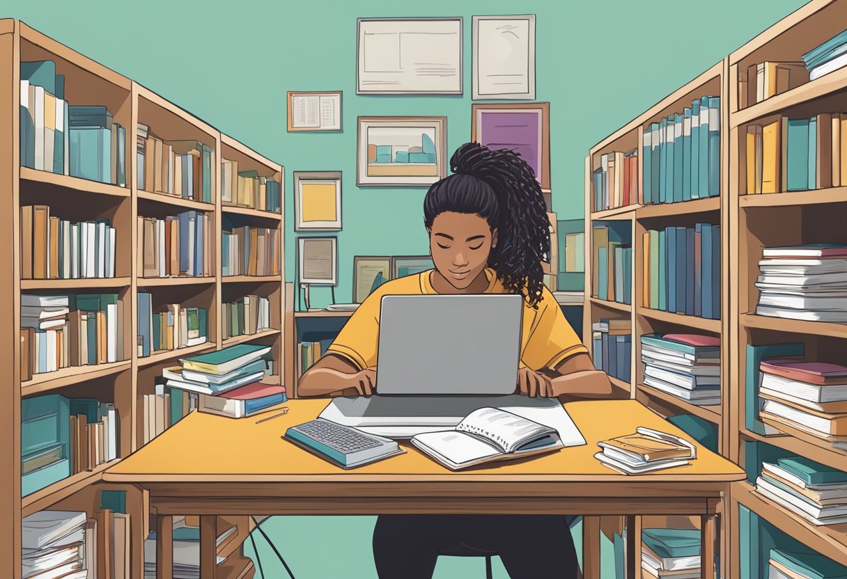 A high school student surrounded by books, a laptop, and various extracurricular activities, showcasing a well-rounded skillset for college admissions