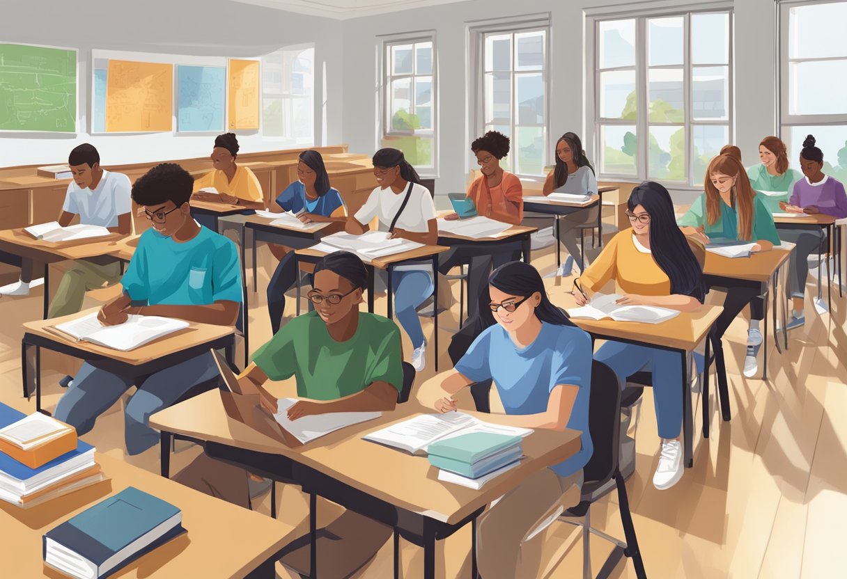 High school students studying, researching, and participating in extracurricular activities to develop key skills for college admission