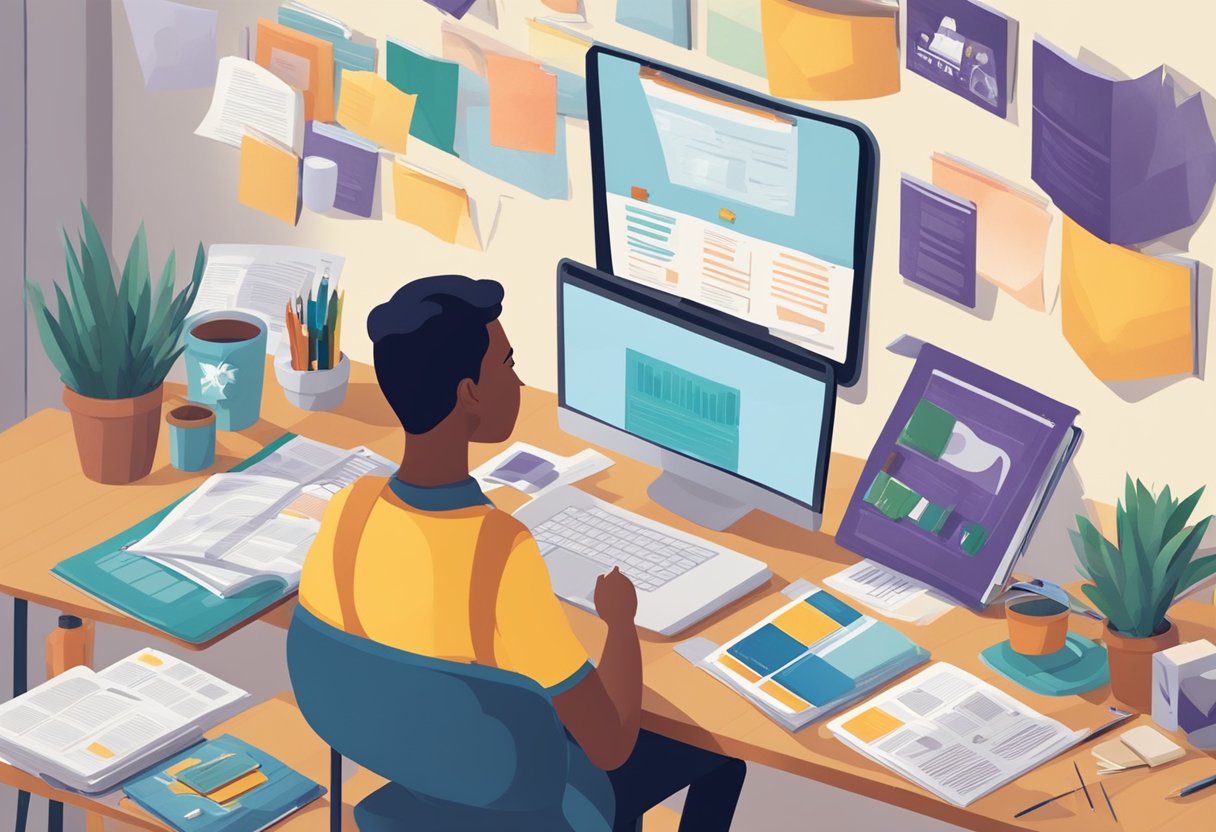 A student sits at a desk, surrounded by college brochures and a laptop. They are researching extracurricular activities and community service opportunities to enhance their college application