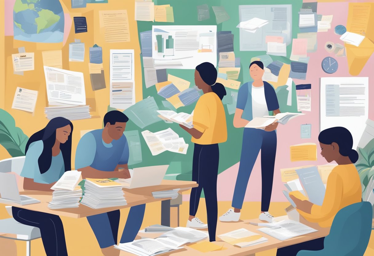 Students weighing options, surrounded by college brochures and application forms. A vision board filled with dream schools contrasts with a list of practical considerations