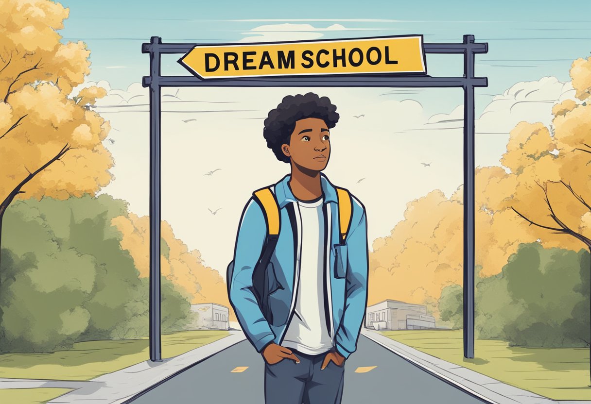 A student stands at a crossroads, with two signs pointing in opposite directions. One sign reads "Dream School" and the other reads "Right School." The student looks contemplative, weighing the financial implications of each choice