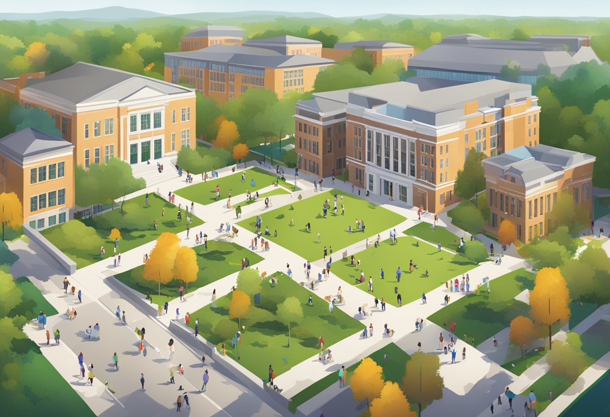 A bustling college campus with students studying, socializing, and engaging in extracurricular activities, surrounded by academic buildings and green spaces
