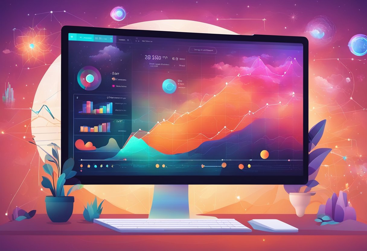 A computer screen displaying video analytics charts and graphs. A hand cursor clicking on optimization tools