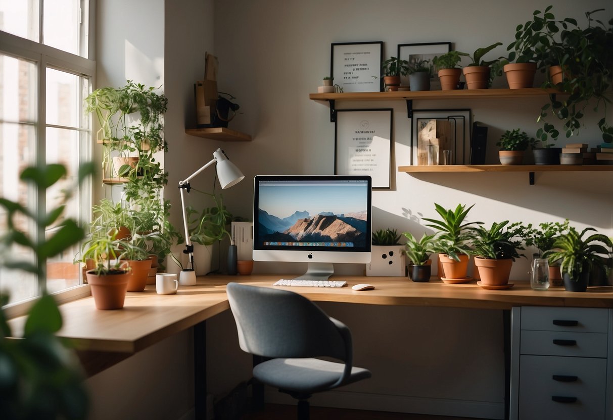 A cozy home office with a sleek desk, ergonomic chair, and organized shelves. Natural light streams in through a window, illuminating a potted plant and a motivational quote on the wall