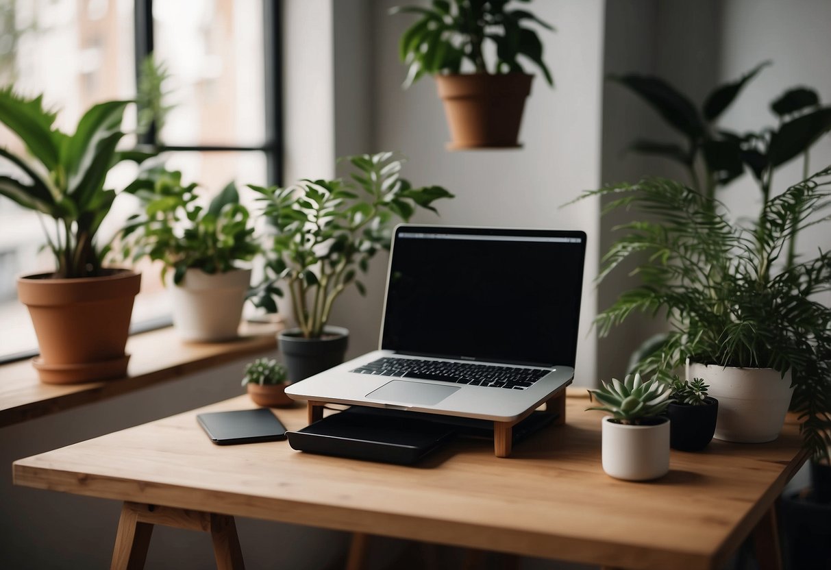 A small office with a standing desk converter, surrounded by plants, natural light, and minimalist decor. A laptop and notebook sit on the desk, with a cozy chair nearby