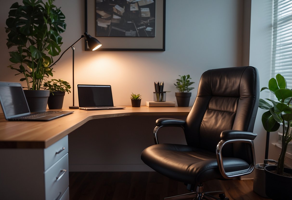 A sleek, ergonomic chair sits at a tidy desk in a cozy home office. A laptop, notepad, and pen are neatly arranged, with a plant and desk lamp adding a touch of warmth to the space