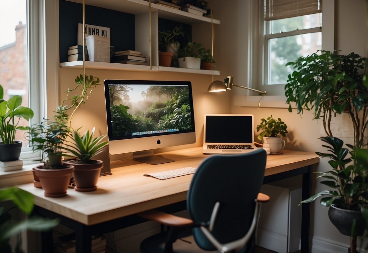 A tidy desk with built-in storage sits in a cozy home office, surrounded by plants and natural light. The space is organized and efficient, perfect for a productive work-from-home setup