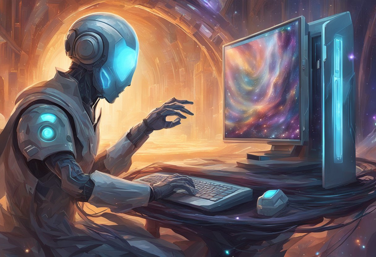 AI software generates video content, depicted by a faceless figure interacting with a computer, symbolizing efficient video production