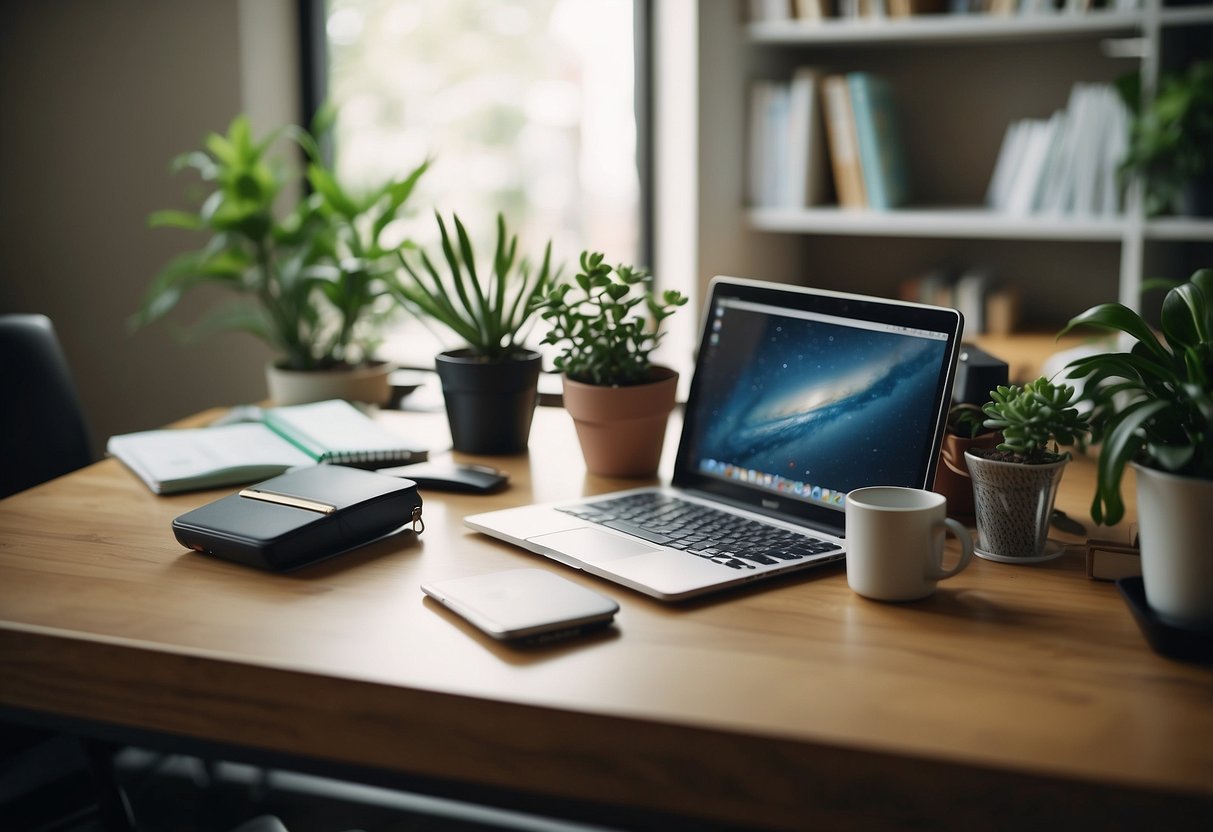 A cluttered desk with various office supplies and a small plant, surrounded by a cozy home office setup with a laptop and notepad