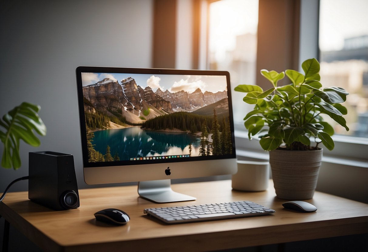 A small office desk with a laptop, keyboard, mouse, and a portable 13-inch monitor. The desk is neatly organized with a notebook, pen holder, and a potted plant. The background shows a cozy home office setup with a window and