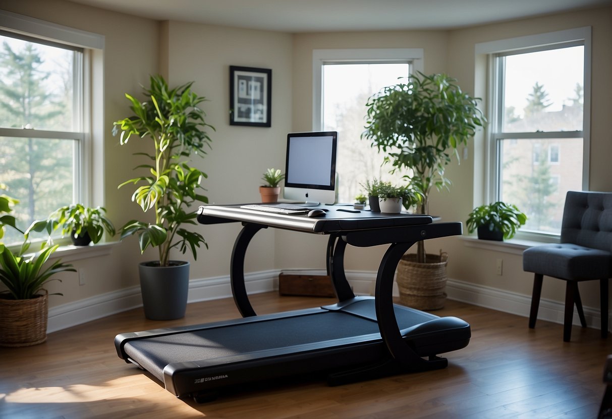 An under-desk treadmill is placed in a small office with a computer, desk, chair, and plants for a productive work from home setup