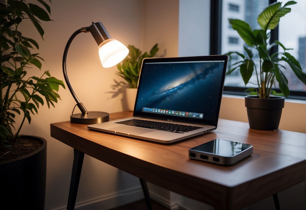 A modern desk lamp with built-in USB ports illuminates a sleek workspace. A laptop, notebook, and potted plant adorn the desk, creating a cozy home office setup