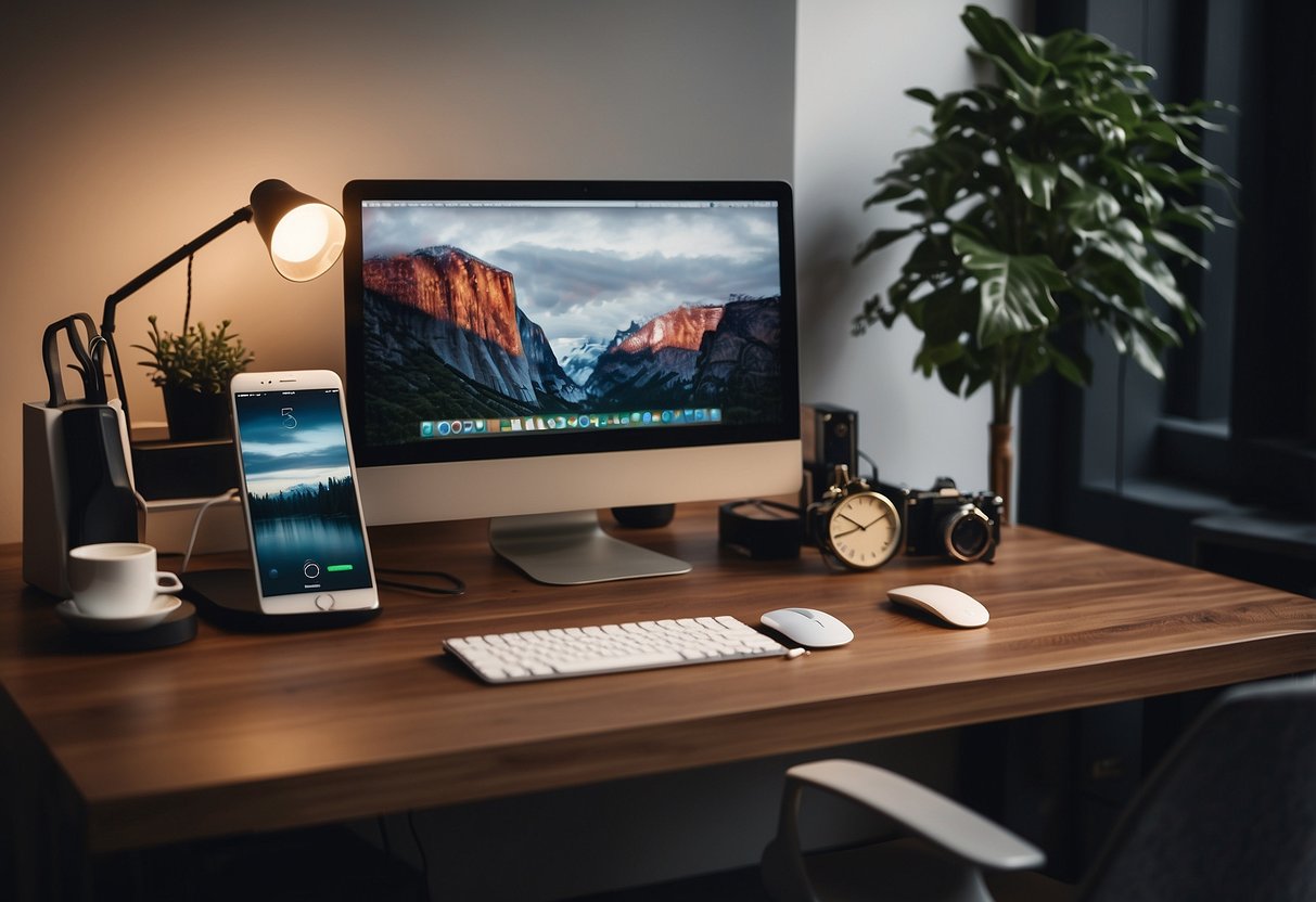 A sleek, modern desk holds a multi-device charging station with various gadgets plugged in. The small office is organized and clutter-free, with a cozy chair and a few personal touches