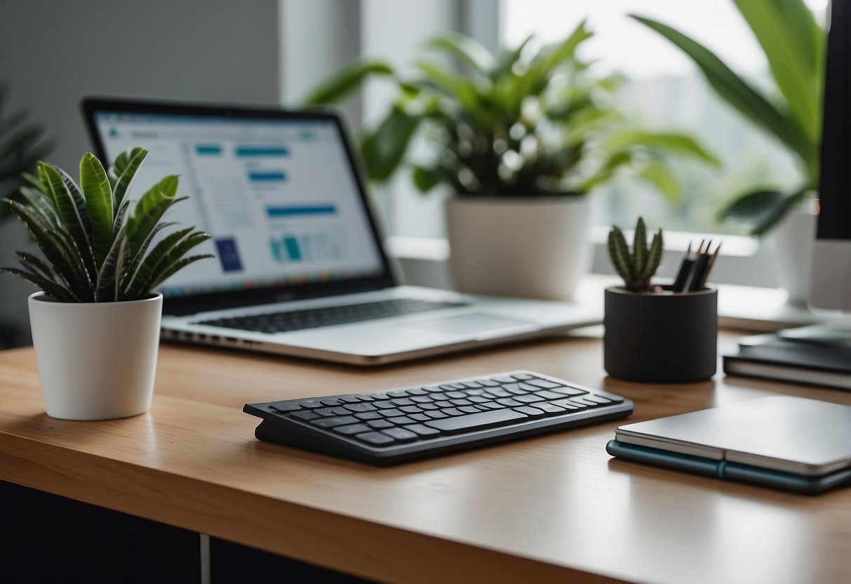 A desk with a sleek stationery holder set, surrounded by minimalistic office supplies and a laptop. A cozy workspace with natural light and a plant in the background