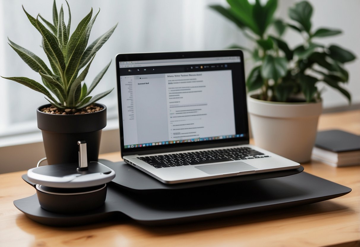 A laptop stand sits on a desk, surrounded by a clutter-free workspace with a plant, pen holder, and organized papers. The stand is adjustable and positioned at a comfortable height for working