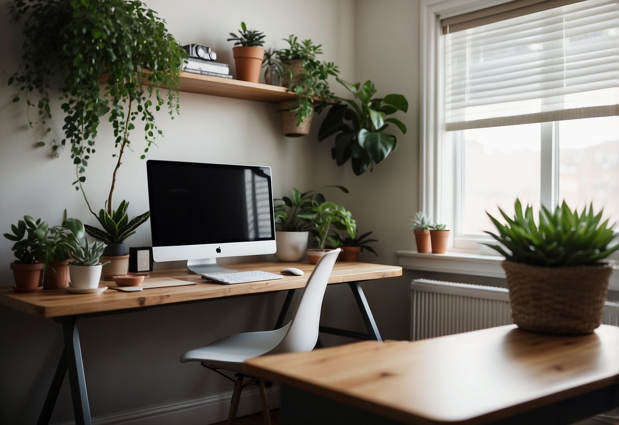 A cozy home office with a sleek desk, ergonomic chair, organized shelves, and plenty of natural light streaming in through a large window. A laptop, notebook, and potted plant add a personal touch