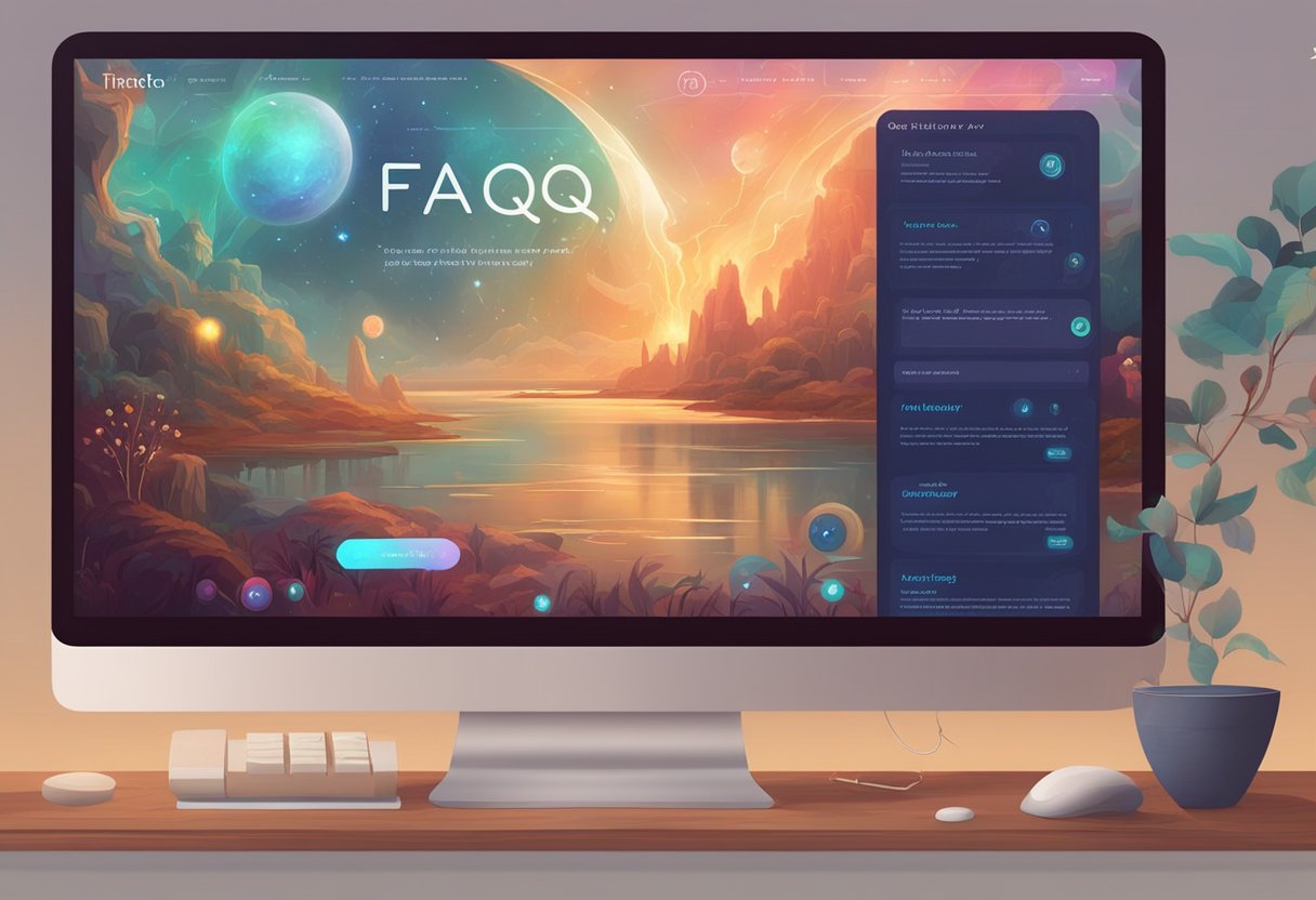 A computer screen displaying a FAQ page with AI generator options. A stylized interface with buttons and text prompts