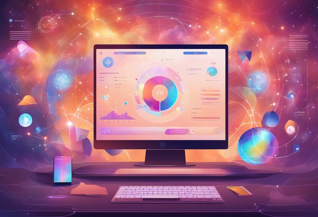 A computer screen displaying a faceless video AI generator with marketing and monetization graphs and charts in the background