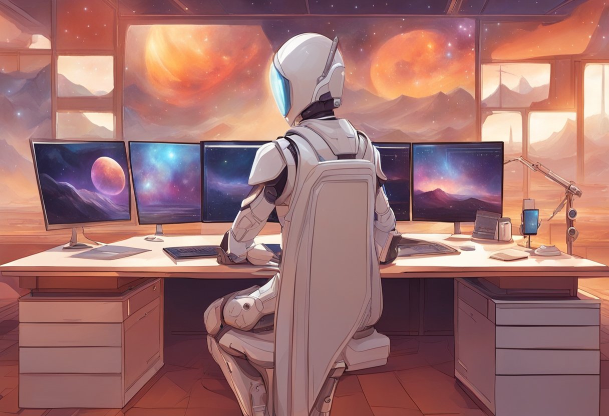 A faceless AI sits at a desk, surrounded by screens and equipment, creating video content with precision and efficiency