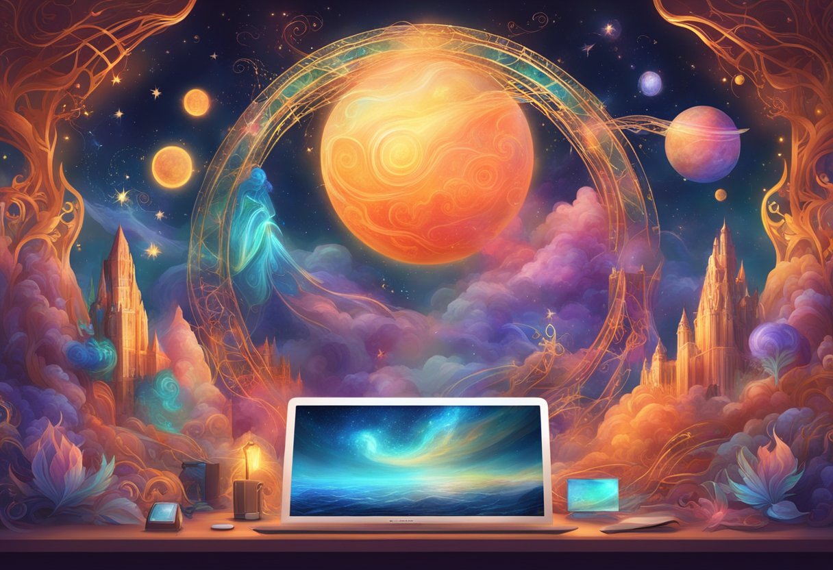 A stylized computer screen displaying dynamic content creation tools and engaging visuals