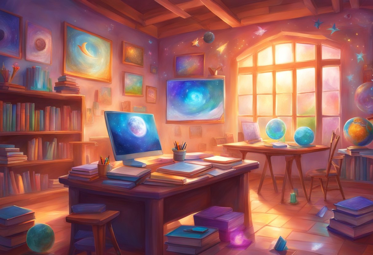 A colorful classroom setting with a whiteboard, desk, and computer. Books and educational tools scattered around. Bright lighting and a welcoming atmosphere