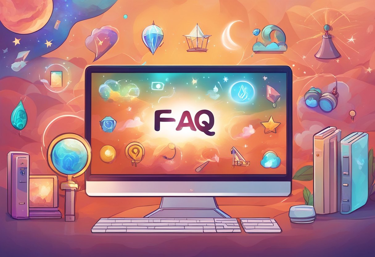 A computer screen displaying a FAQ video generator interface for educational use. Icons for different questions and a play button are visible