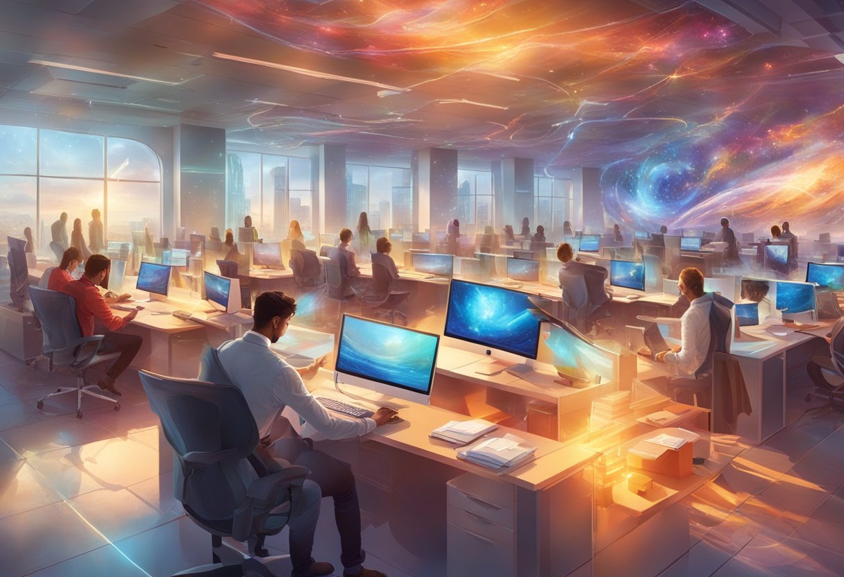 A busy office with computers and AI technology streamlining tasks for a diverse team, showcasing the improvement in workflow and efficiency