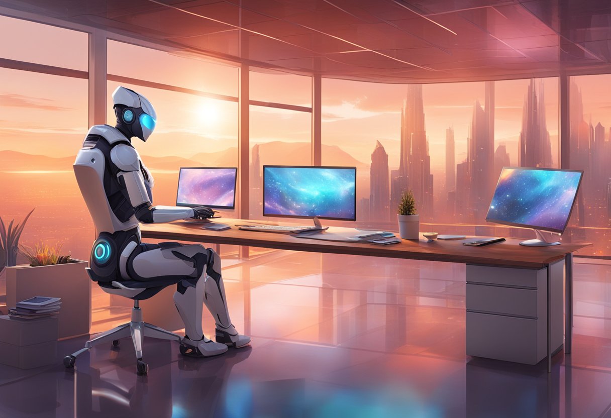 A sleek, modern office space with computers and screens displaying data, while a faceless AI robot works diligently on automating video production