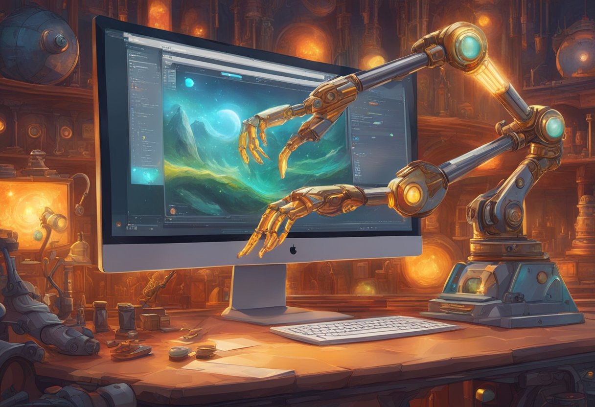 A computer screen displaying AI video production tools. A robotic arm selects the "right" tool. No human presence