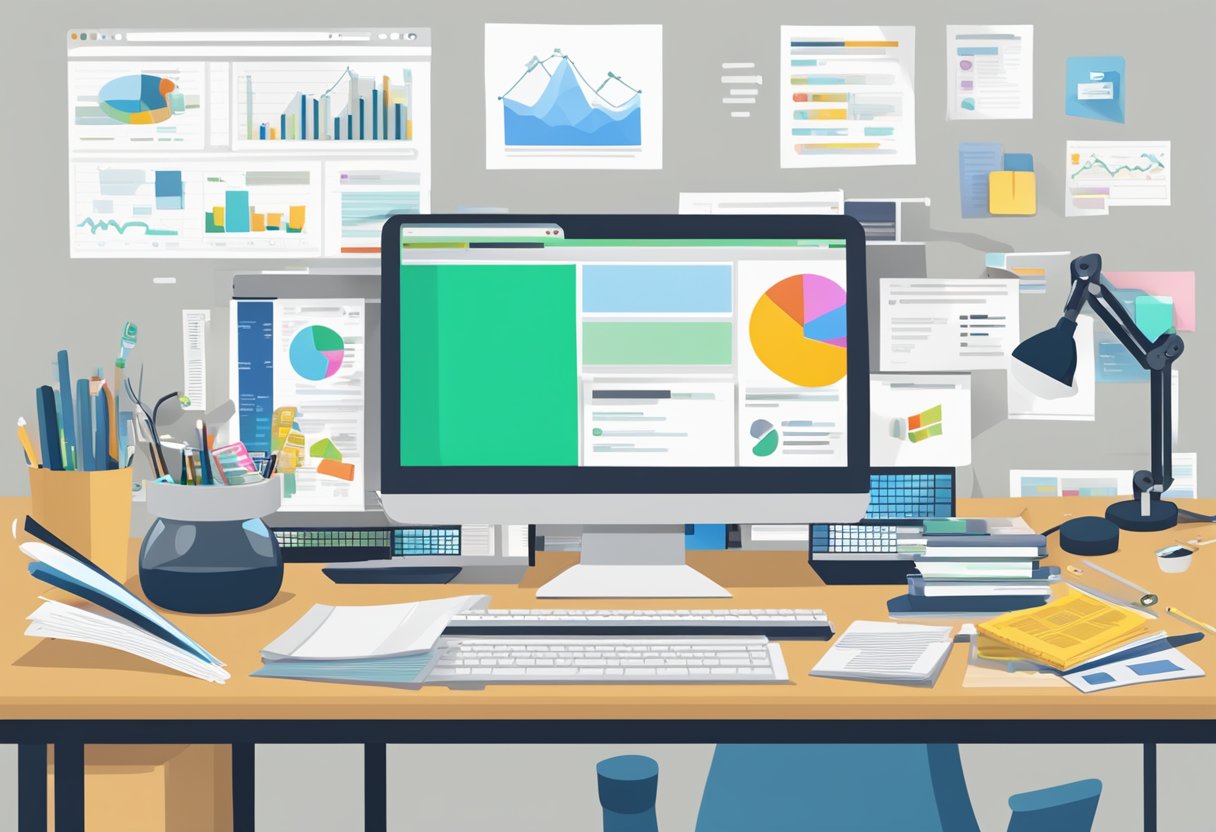 A cluttered desk with a computer displaying a web scraping tool, surrounded by various data sources like websites, spreadsheets, and databases