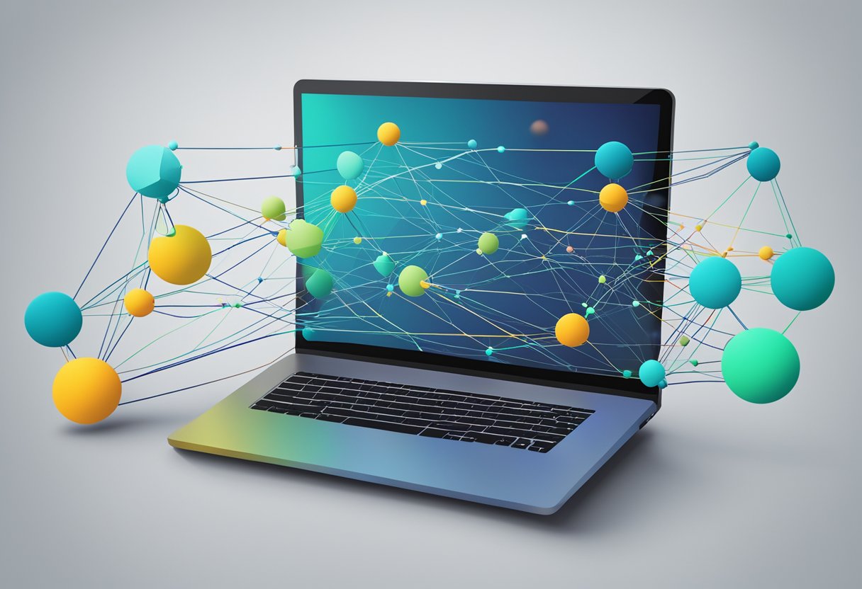 A computer screen displaying real-time data from multiple ecommerce websites. A network of interconnected lines and nodes represents the scraper's activity