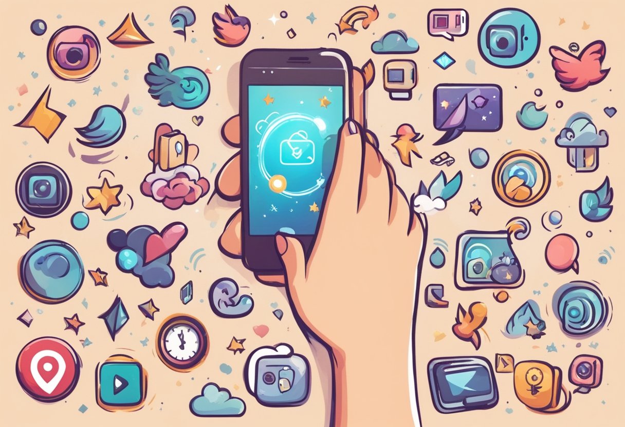 A hand holding a smartphone with a video playing on the screen, surrounded by various social media icons and symbols representing engagement and reach