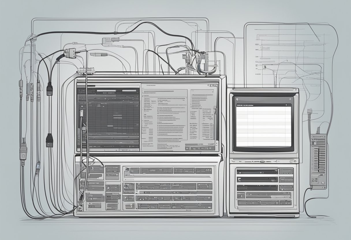 A computer screen displaying the instant data scraper interface with various input fields and buttons, alongside a tangled mess of cables and a troubleshooting guide