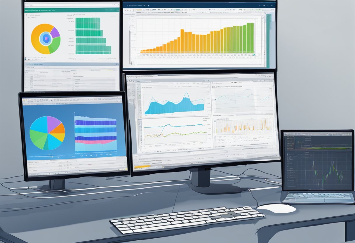 The computer screen displays real-time data being scraped by the software, with multiple windows open and graphs updating