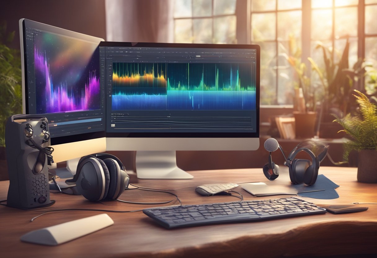 A computer screen displaying a video editing software with audio waveforms and settings. A microphone and headphones are placed on the desk