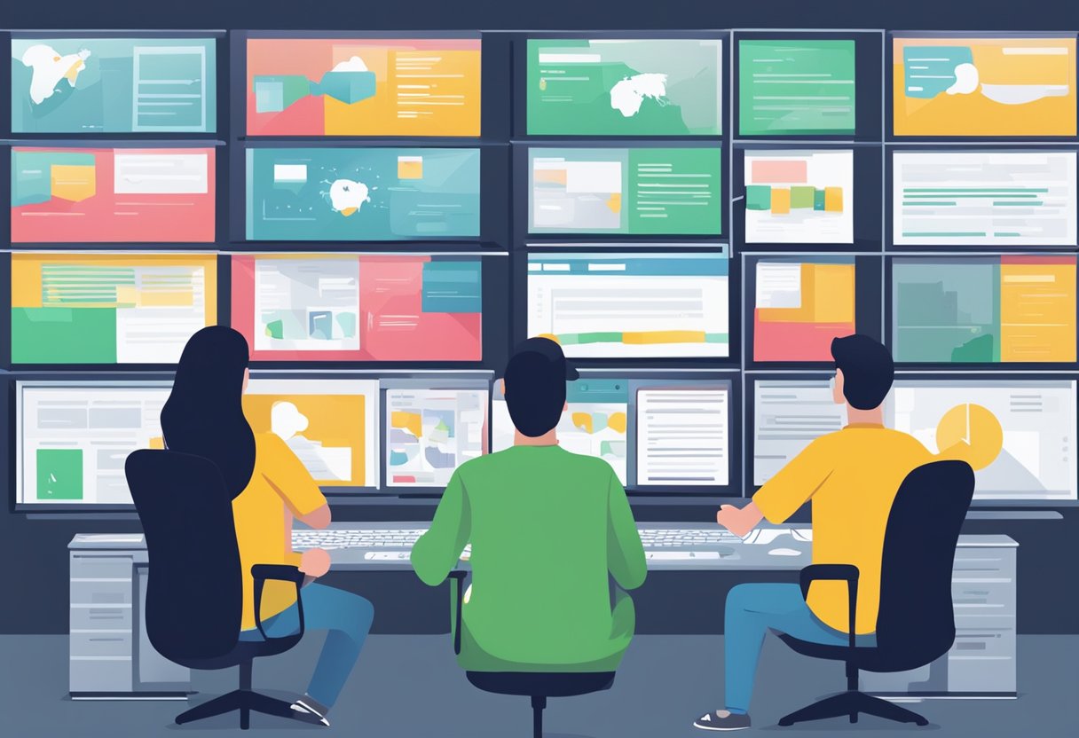 Multiple computer screens displaying data scraper software reviews. Positive and negative comments are shown. A person's hand hovers over a mouse, contemplating the final thoughts