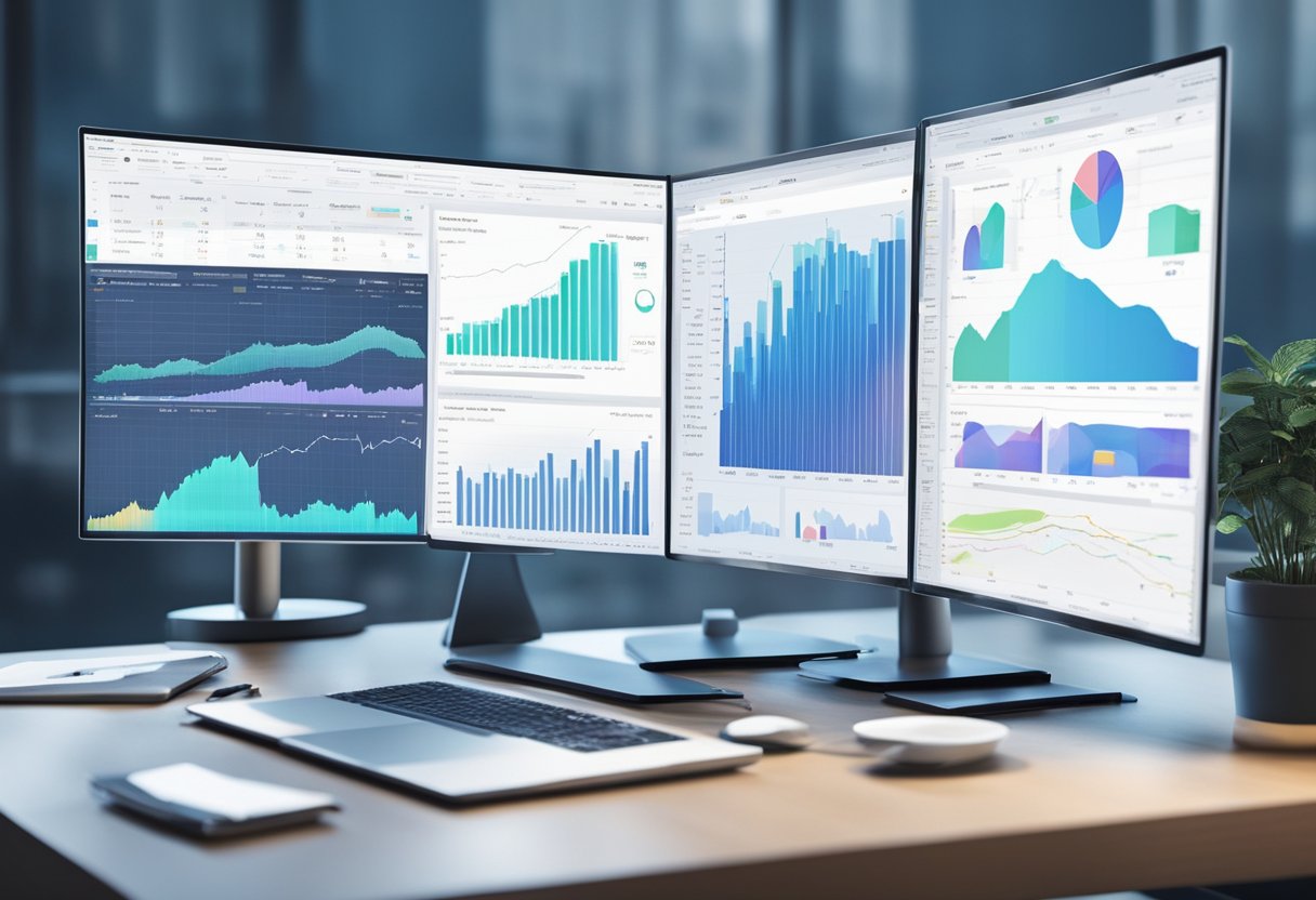 A computer screen displaying real estate data being scraped in real-time. Multiple data points and graphs are visible, showcasing the dynamic nature of the market