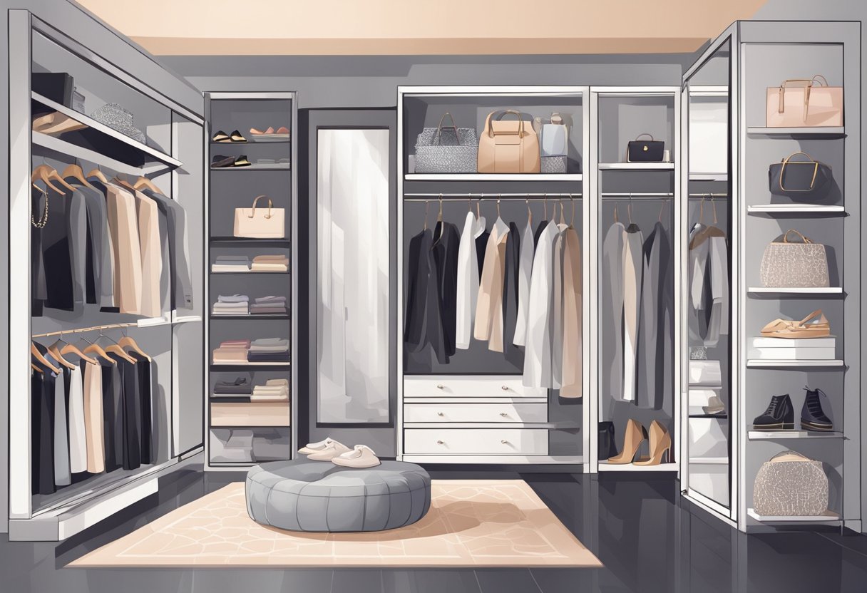 A stylish wardrobe displayed with trendy clothing, shoes, and accessories. A mirror reflects the chic ensemble. A fashion magazine lies open with style tips