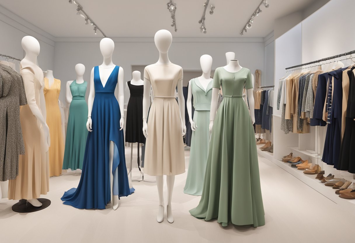 A diverse range of clothing styles and silhouettes, from fitted to flowy, are displayed on mannequins in a well-lit boutique. The mannequins are arranged in a way that showcases the different body shapes and fashion tips