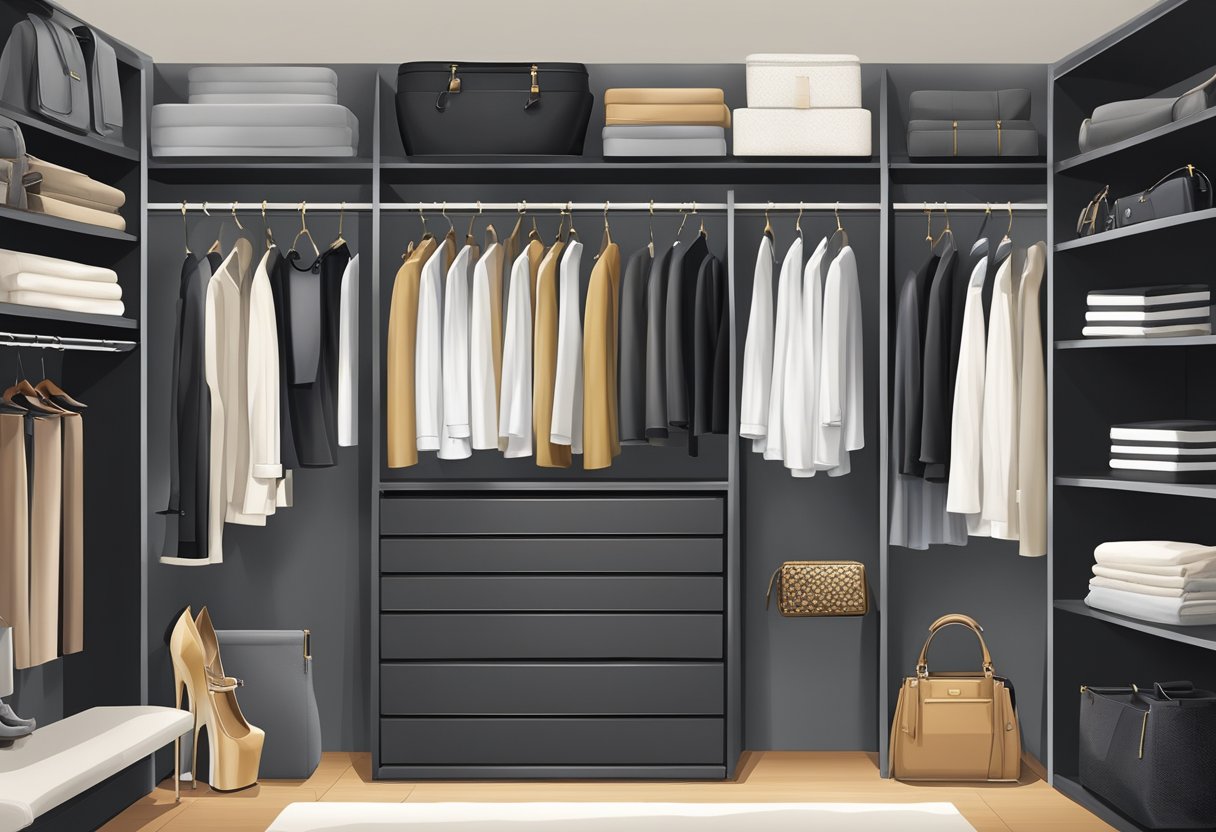 A sleek walk-in closet with organized shelves of classic clothing items, including tailored blazers, crisp white shirts, little black dresses, and timeless accessories