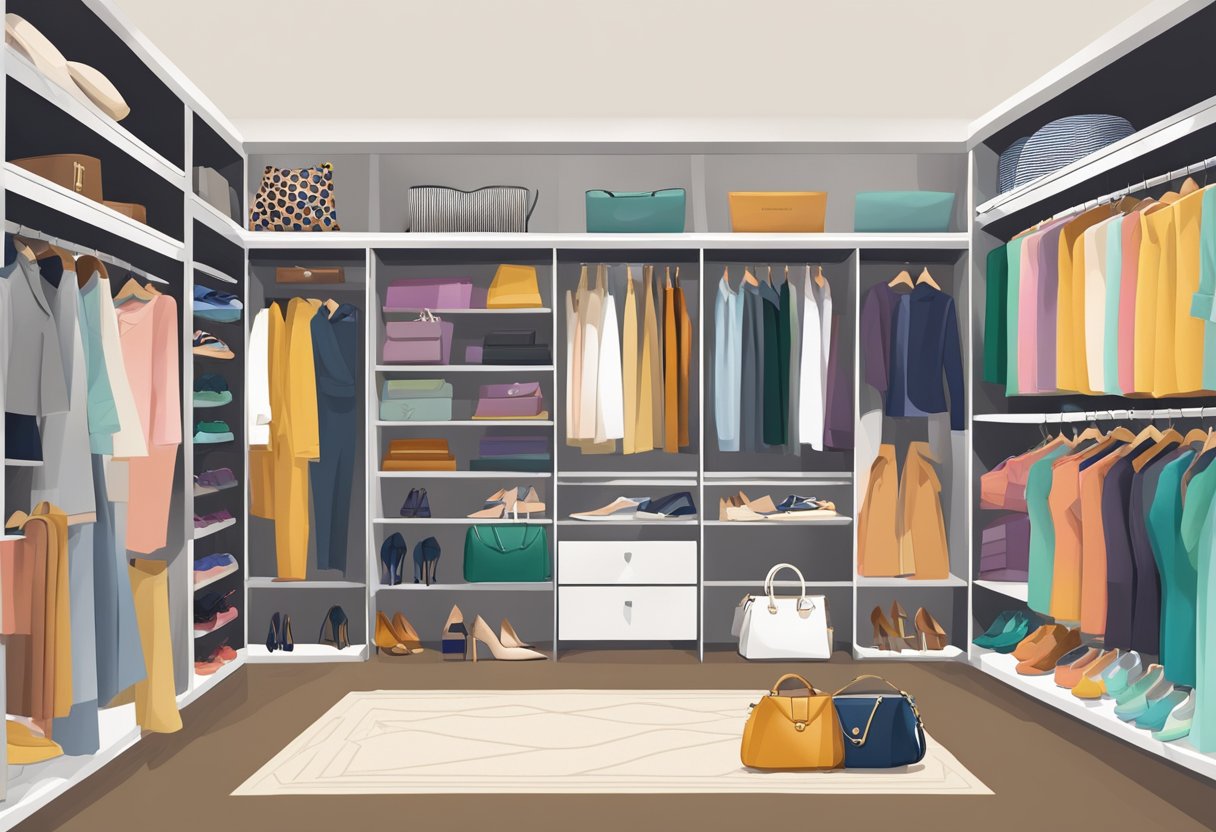 A well-organized closet with color-coordinated clothing and accessories. A stylish outfit laid out with matching shoes and handbag. A color wheel and fashion magazines for inspiration