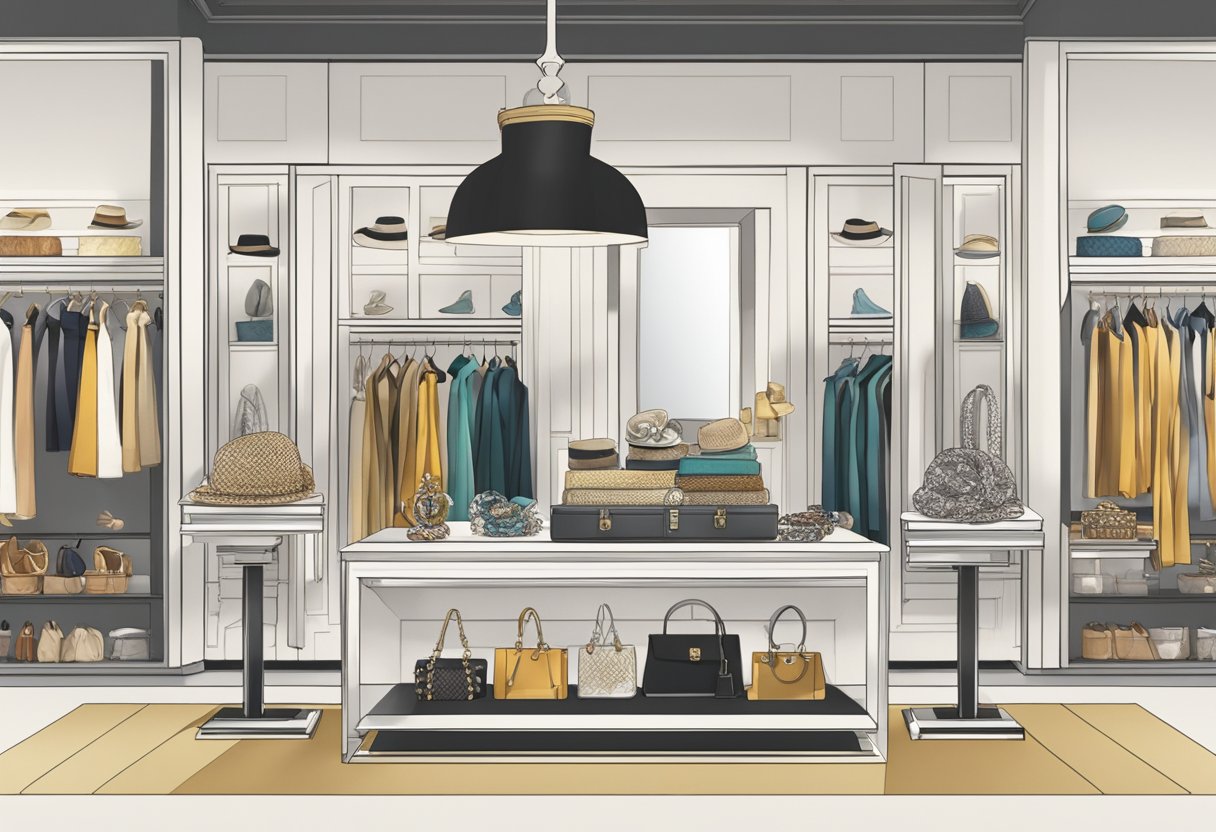 A table with neatly arranged accessories: scarves, belts, hats, and jewelry. A mirror reflects the display, showcasing how each item can elevate an outfit