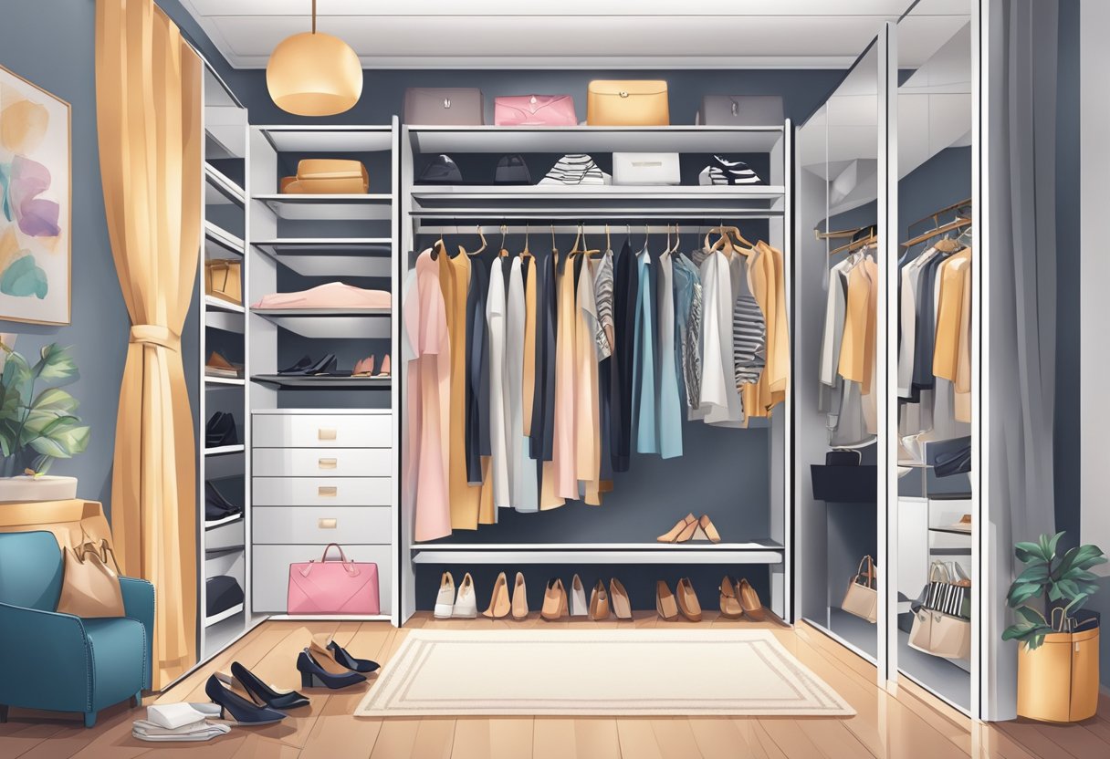 A cluttered closet with trendy clothes, shoes, and accessories. A fashion magazine and a smartphone displaying style tips. A mirror reflecting a chic outfit