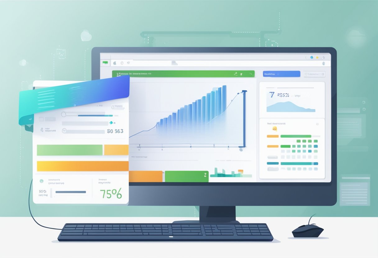 A computer screen displaying a web page with data being scraped, a mouse clicking on the "scrape" button, and a progress bar indicating the efficiency of the scraping process